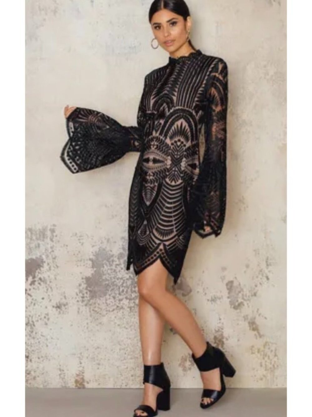 Bardot Black Sheer Lace Mini Dress Bell Sleeves Cocktail Party Formal Womens 6